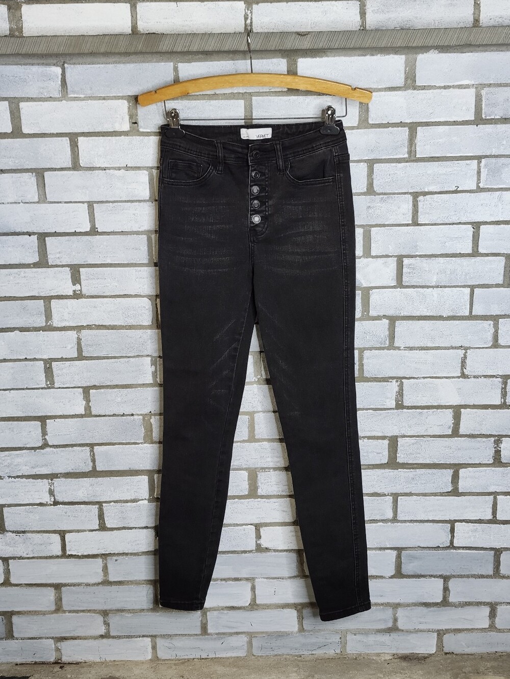 • Vervet Women's High-Rise Skinny Denim Jeans Button Fly Size 27 Black Love Bug